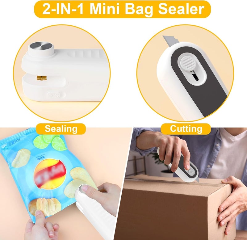 Aedicce 2 in 1 Mini Bag Sealer, Bag Sealer Heat Seal with Cutter, USB C Rechargeable Chip Bag Sealer Heat Seal, Portable Bag Resealer for Plastic Bags Snacks & Food Storage,Ivory White - Image 3